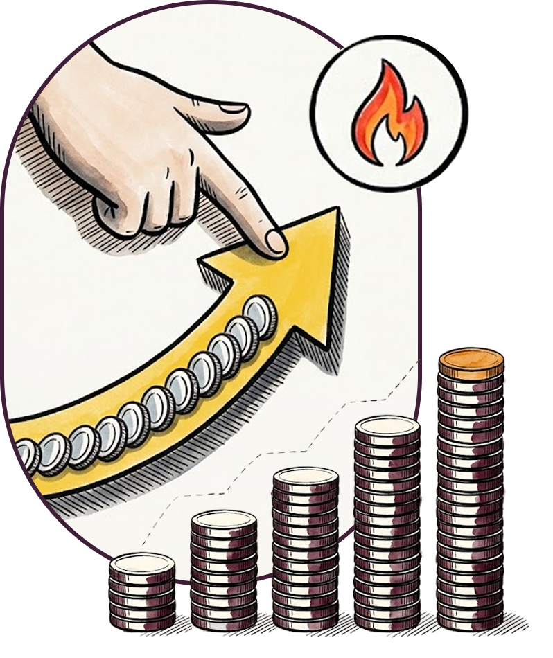 A hand pointing at a flame icon above a rising stack of coins, representing spending growing into charitable giving.