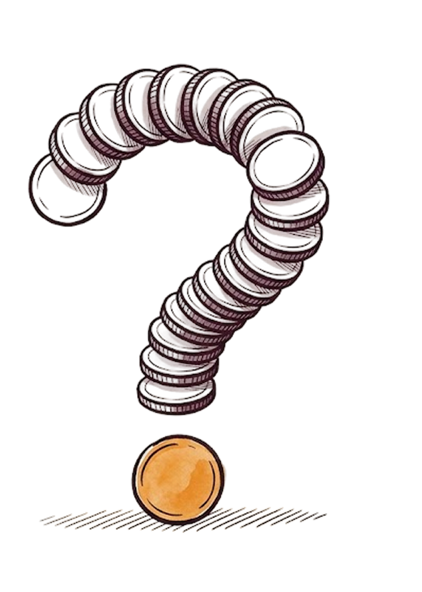A question mark made of stacked coins, with a single coin resting beneath it.