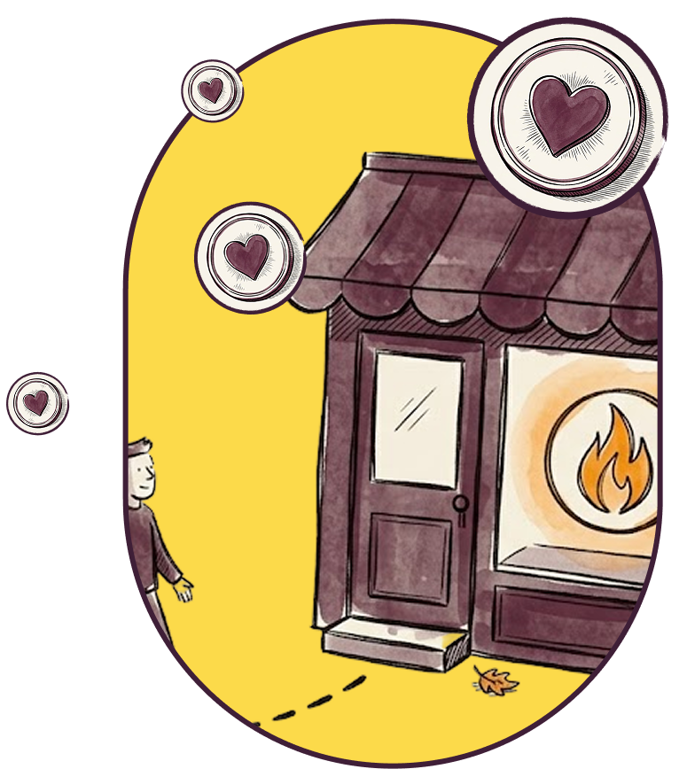 Two people walking towards a local shopfront, with icons showing hearts and a partnership percentage floating above.