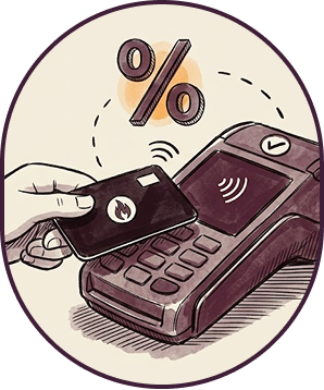 A hand tapping a card against a payment terminal, with a percentage icon above.