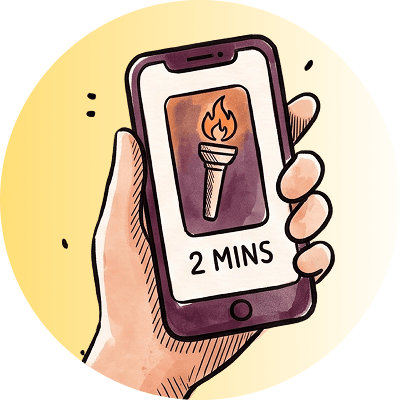 A hand holding a phone showing the Torch app, ready in two minutes