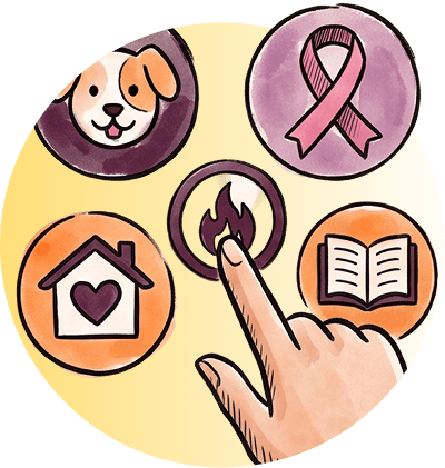 Icons for different causes — an animal, a ribbon, a home, a book