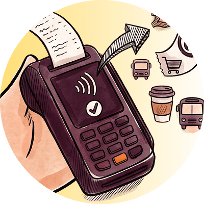 A hand tapping a phone against a payment terminal